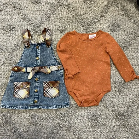 Little Lass 24M Toddler Girl Plaid Denim Pinafore Dress w/ Rust Sparkle Bodysuit - Picture 2 of 6